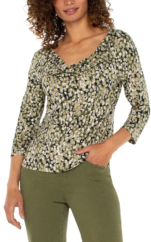 Liverpool 3/4 Sleeve Draped Neck Knit Top (Olive Camo Dot) Bamboo Knit Shirt