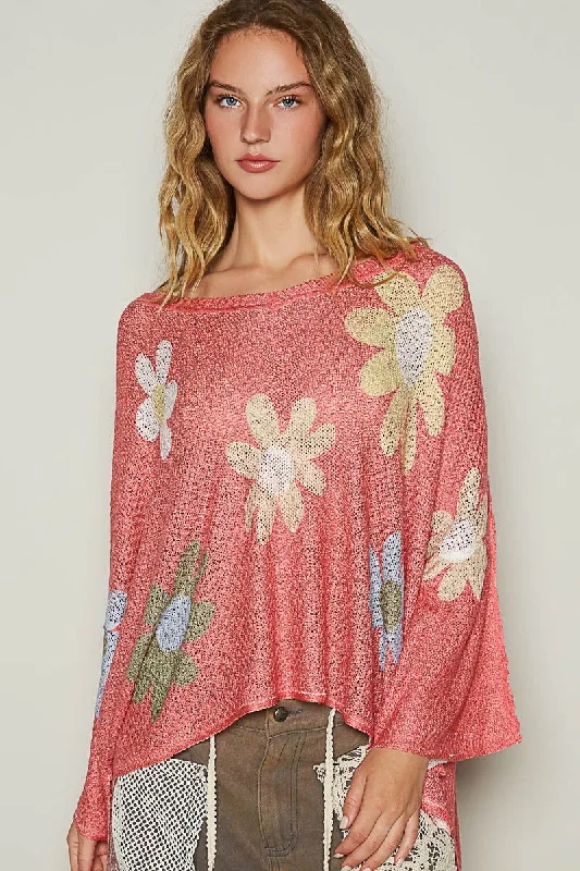 POL Flower Dropped Shoulder Long Sleeve Knit Top In Coral Sky Blue Knit Tee