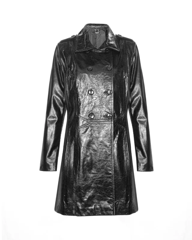 Black Long Leather Coat Cuffed Rolled Raglan