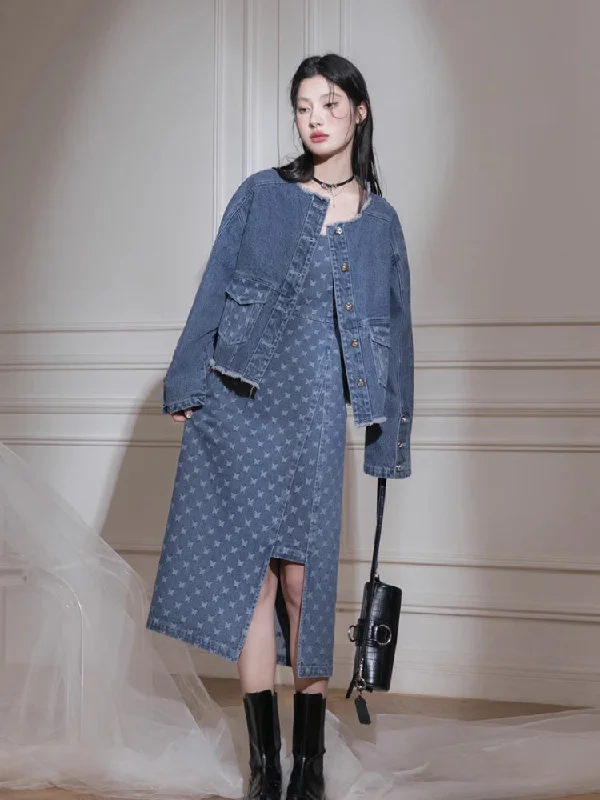 Denim jacket + suspenders skirt【s0000007213】 Welt Pockets Slit Pockets Flap Pockets Welt Pockets Slit Pockets Flap Pockets