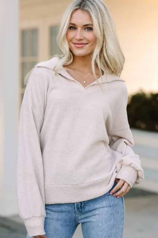 Just Believe Oatmeal Brown Collared Knit Top Long Sleeve Knit Tee