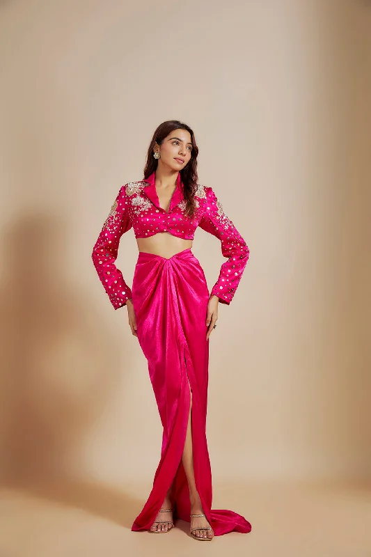 Hot Pink Emboriderd Blazer With Hot Pink Dape Skirt Women's Custom Jacket