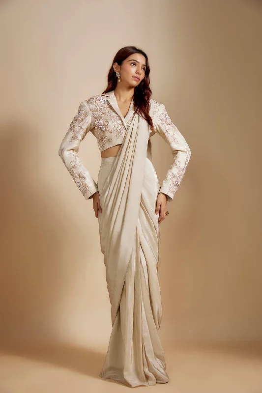 Beige Embroidered Short Blazer With Saree Women's Trendy Jacket