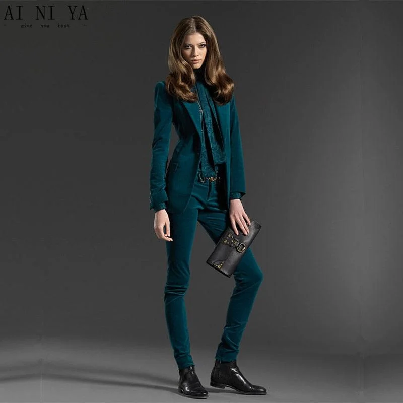 Dark Green Two-piece Set Velvet Suit Blazer Women's Adventure Blazer