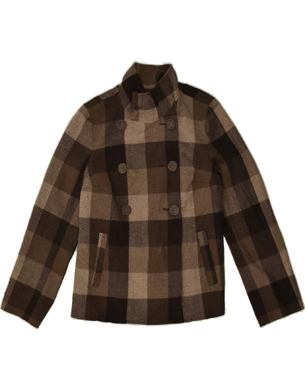 LIZ CLAIBORNE Womens Pea Coat UK 14 Medium Brown Check Polyester Kimono Robe Cloak