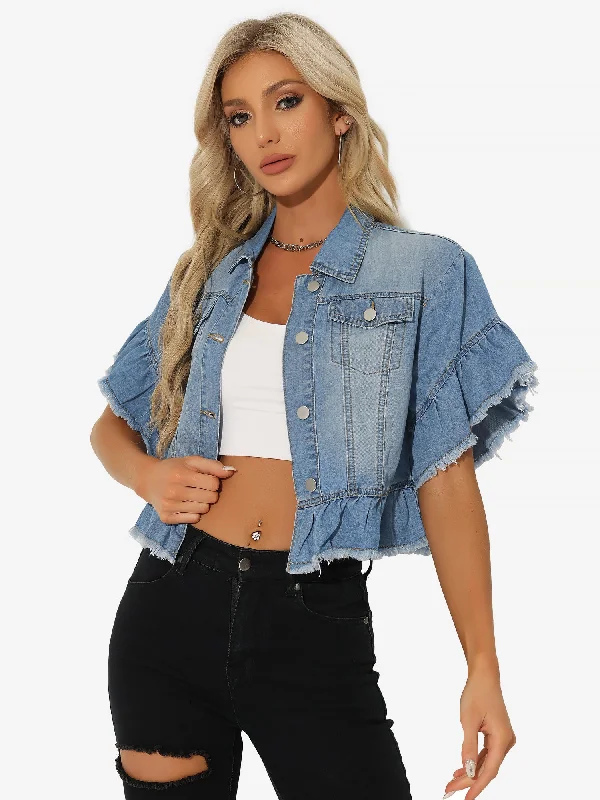 Denim Ruffled Short Sleeve Lightweight Peplum Hem Cropped Jean Jacket Mesh Jacket Canvas Jacket Denim Jacket Mesh Jacket Canvas Jacket Denim Jacket