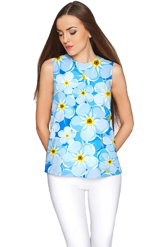 Forget-Me-Not Emily Blue Floral Sleeveless Knit Top - Women Polo Neck Knit Top