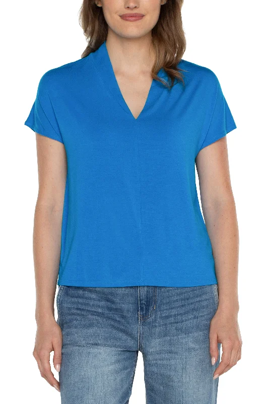 Liverpool Shawl Collar Short Sleeve Dolman Knit Top (Diva Blue) Handmade Knit Blouse