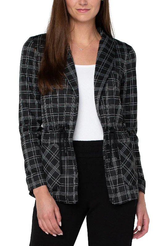 Liverpool Cinched Waist Blazer w Cuffed Sleeve (Black/White Graphic Plaid) Women's Custom Jacket