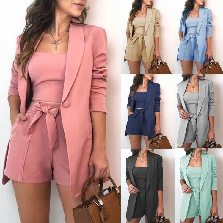 Solid color blazer high waist shorts slim three-piece set Women's Daily Blazer