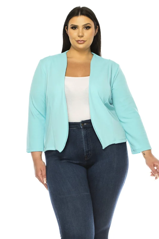 Women's Plus Size Collarless Blazer Open Front Sleek 3/4 Sleeves Cardigan Made in USA Women's Boutique Suit