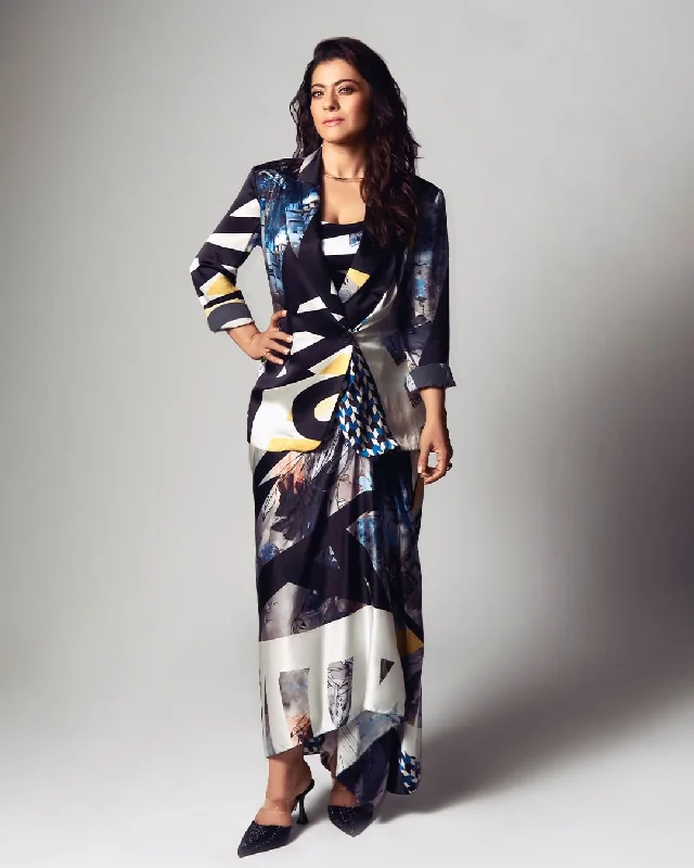Script Print Blazer With Skirt And Top Women's Trendy Jacket