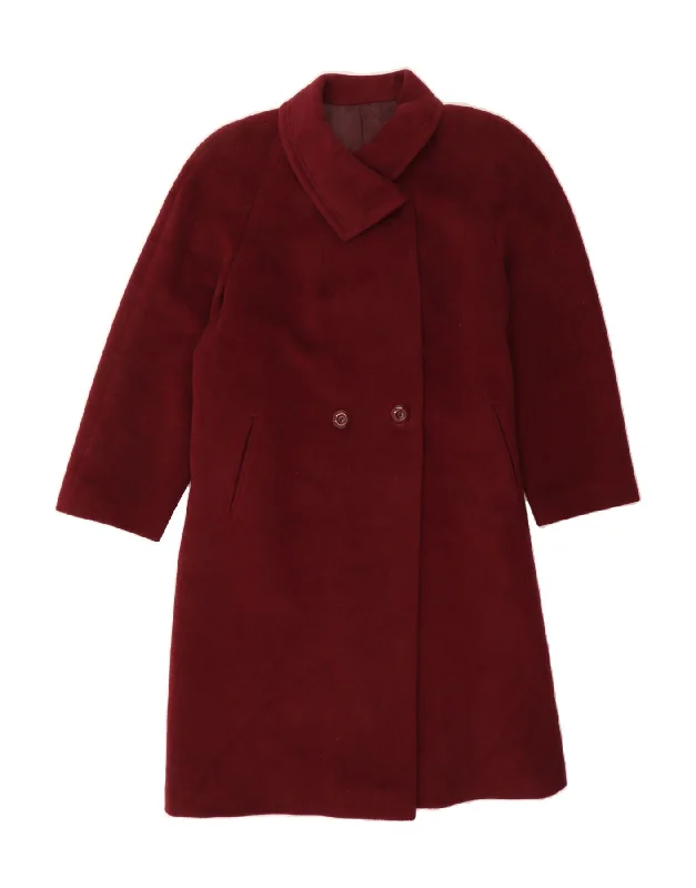 VINTAGE Womens Double Breasted Coat UK 14 Large Burgundy Wool Collared Crew Neck Turtle Neck