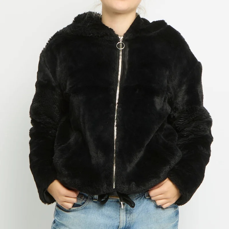 Drawstring Hooded Faux Fur Coat -UK 14 Faux Fur Real Fur Shearling