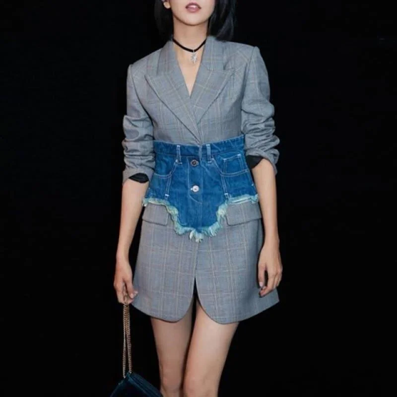 Singe Button Plaid With Denim Wide Belt Long Sleeve Slim Tunic High Waist  Streetwear Blazer Women's Banquet Suit