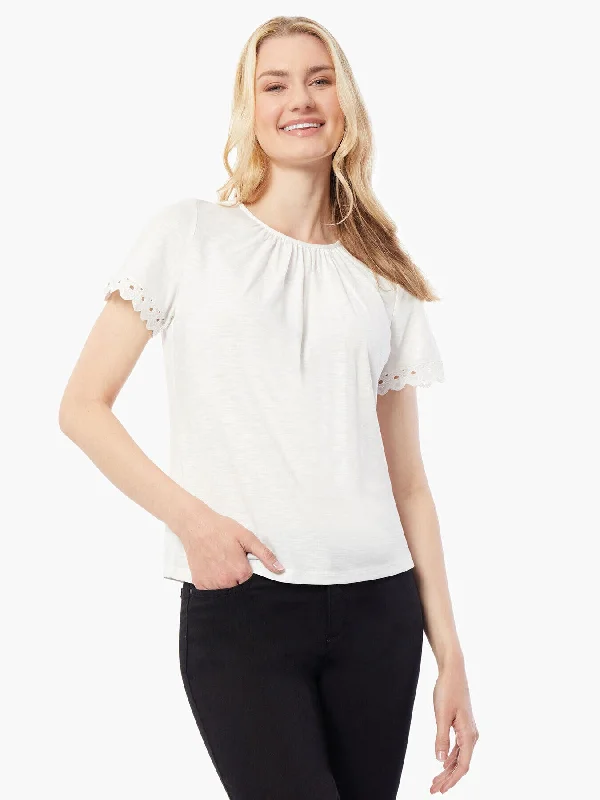 Lace Trim Short Sleeve Slub Knit Top Royal Blue Knit Top