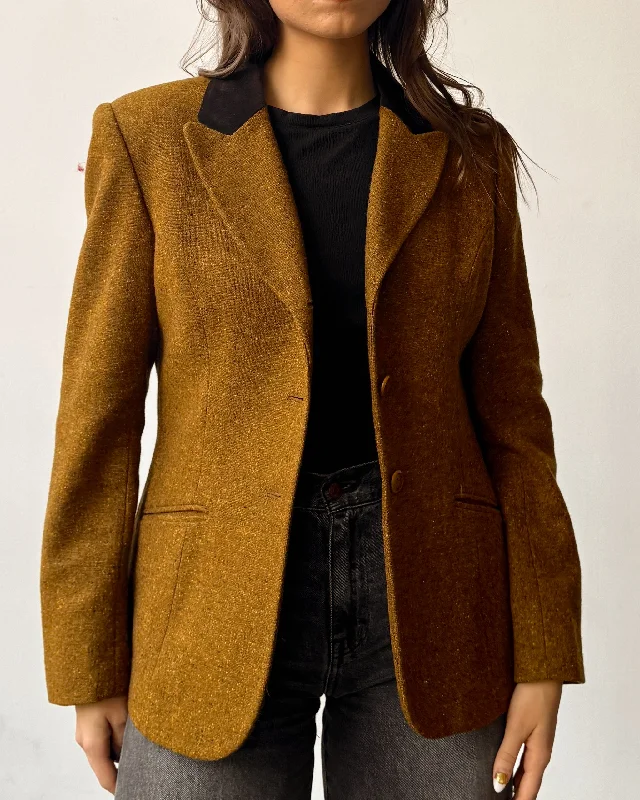 Jones New York Goldenrod & Olive Flecked Wool Velvet Trimmed Blazer- 10 Women's Classic Blazer