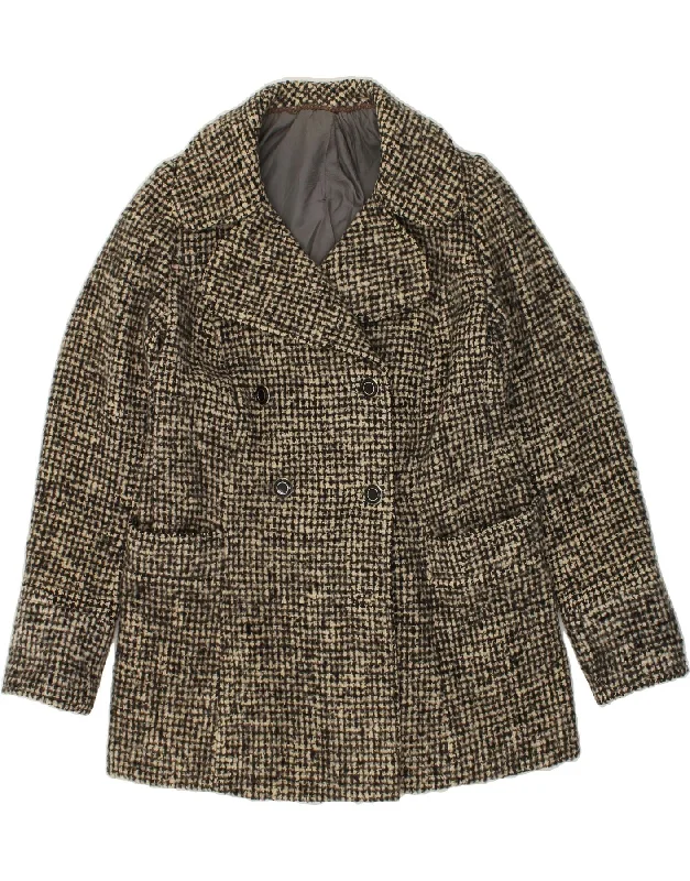 VINTAGE Womens Double Breasted Coat UK 14 Large Black Houndstooth Square Neck One-Shoulder Off-the-Shoulder