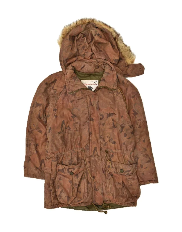 VINTAGE Womens Hooded Windbreaker Coat EU 38 Medium Brown Floral Fitted Loose Oversized