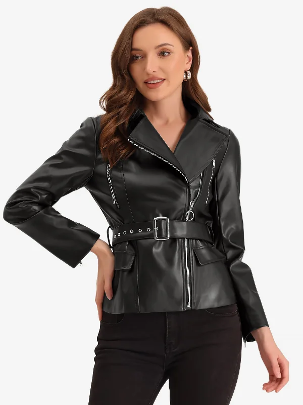 PU Leather Lapel Long Sleeve Racer Biker Motorcycle Jacket Front Pockets Side Pockets Patch Pockets Front Pockets Side Pockets Patch Pockets
