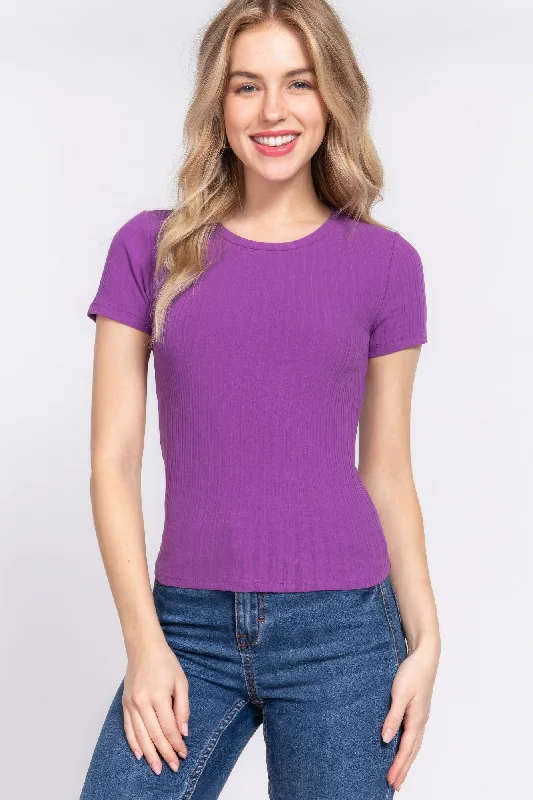 Short Slv Crew Neck Variegated Rib Knit Top Jet Black Knit Tee