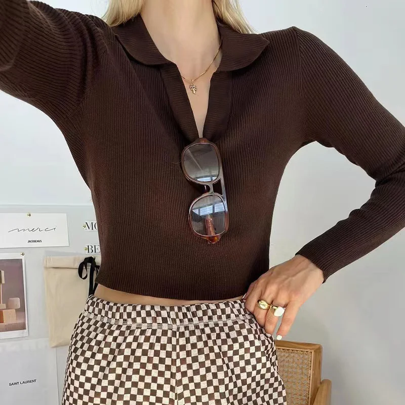 Women Basic Solid Long Sleeve V Neck Rib-Knit Top Ribbed Knit Shirt