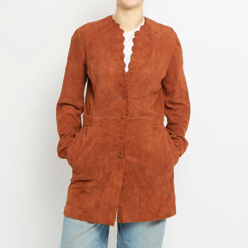 Suede Belted Waist Scallop Hem Trench Coat - UK 10 Rayon Velvet Corduroy