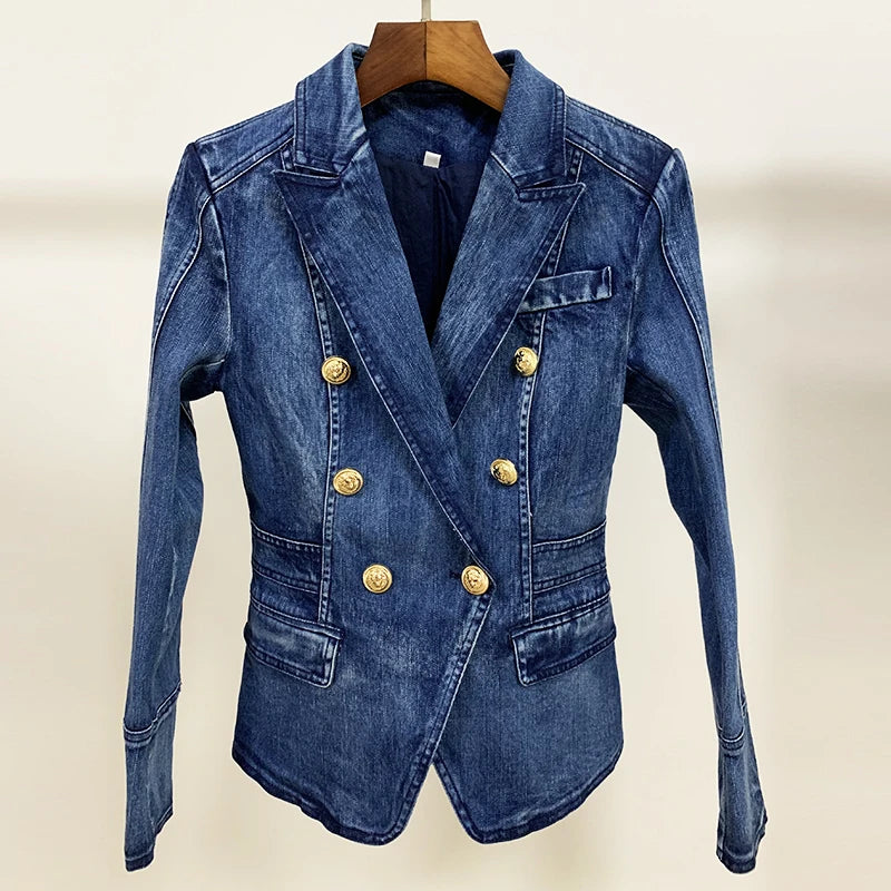 Metal Lion Buttons Double Breasted Denim Blazer Women's Luxury Jacket