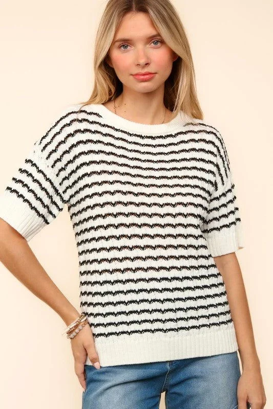 Haptics Openwork Striped Round Neck Half Sleeve Knit Top Bronze Knit Blouse