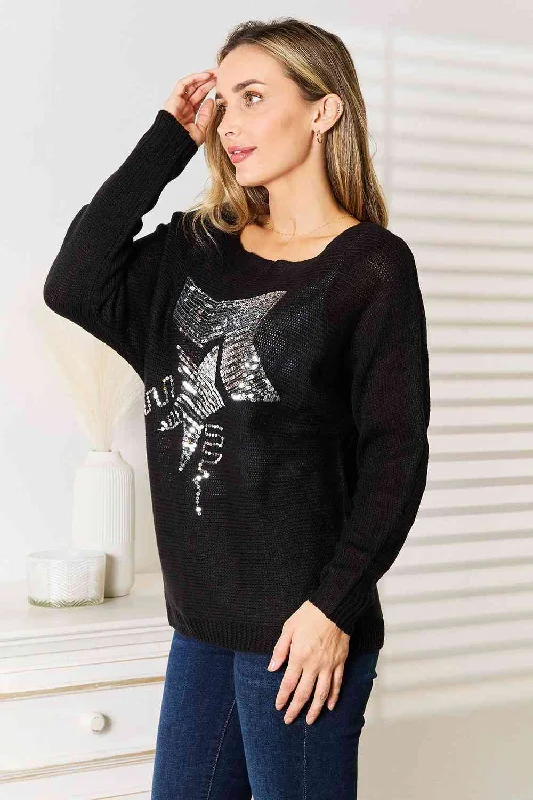 Double Take Sequin Graphic Dolman Sleeve Knit Top Casual Weekend Knit Top