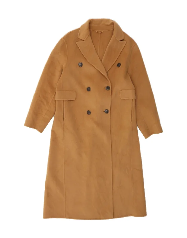 VINTAGE Womens Double Breasted Coat UK 12 Medium  Brown Wool Elasticated Drawstring Belted