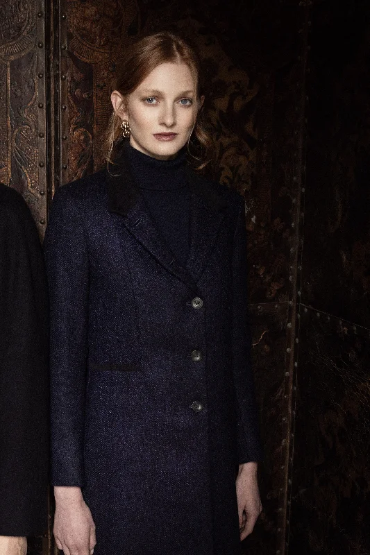 Isabella Tweed Coat - Navy Herringbone Pockets Sleeves Lining