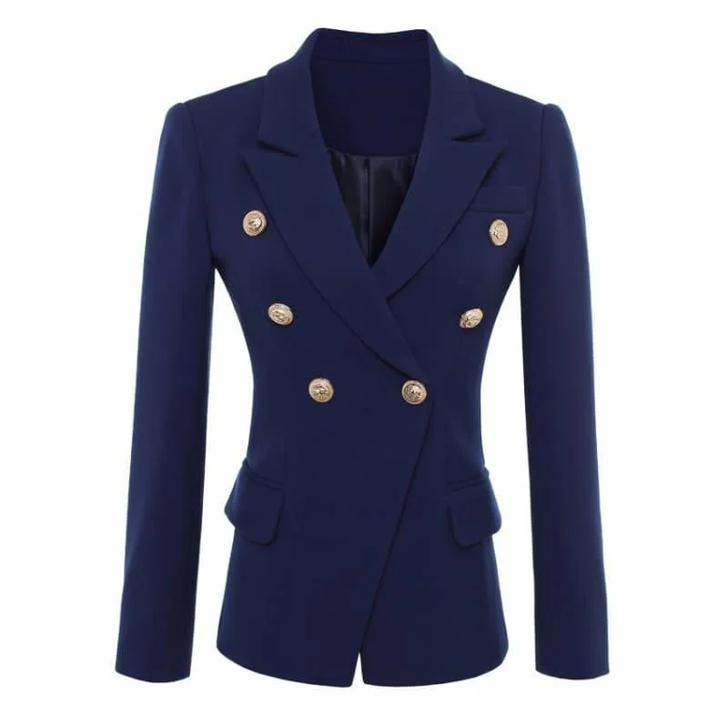 Navy Blue Gold Buttons Double Breasted Blazers Women's Stripe Blazer