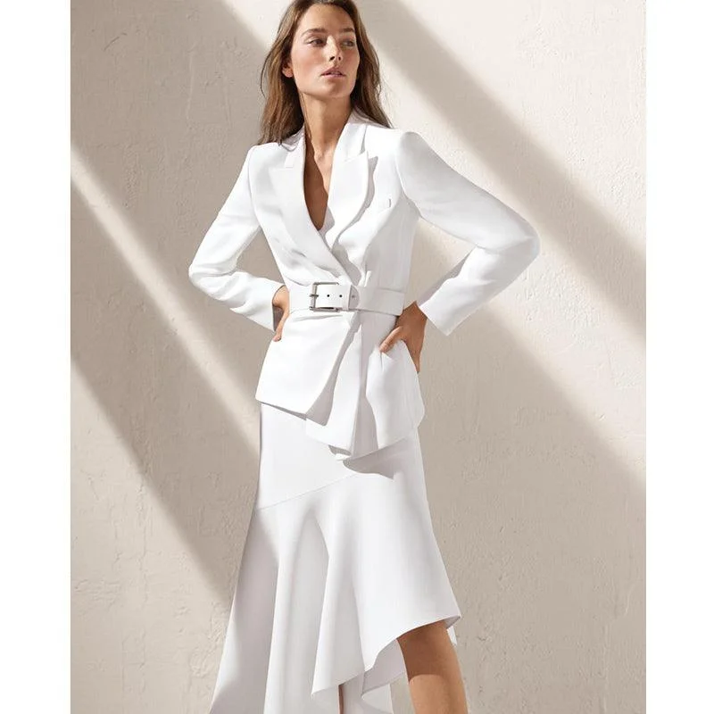 White Two Piece Set Blazer and Skirt Women's Travel Jacket