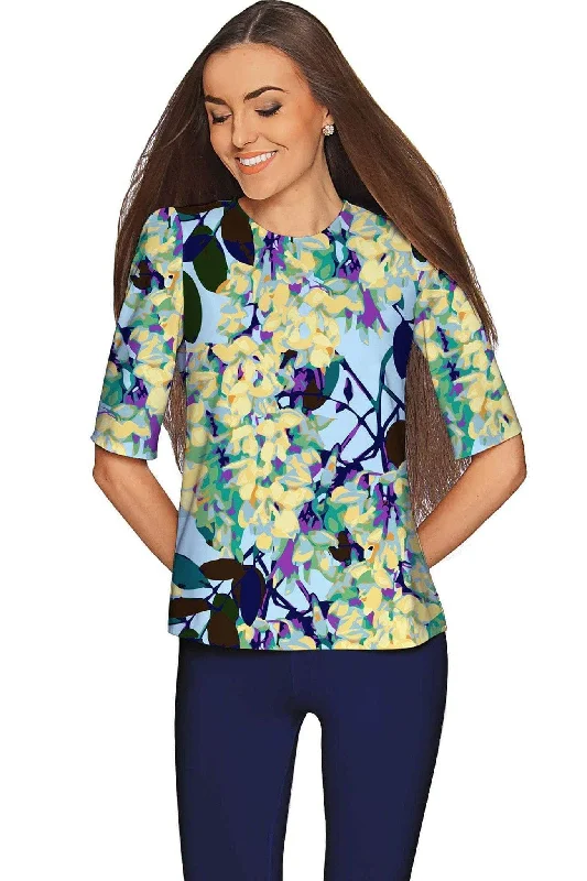 Pure Tenderness Sophia Blue Elbow Sleeve Knit Top - Women Floral Knit Shirt