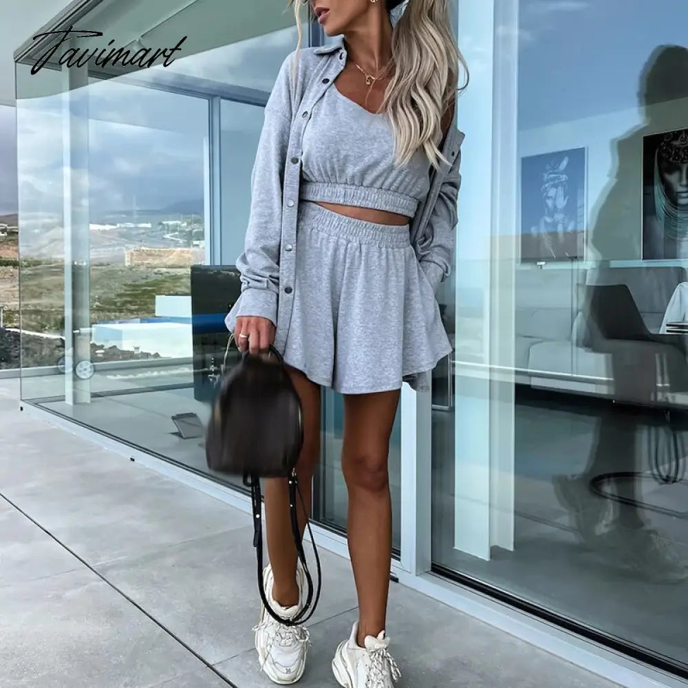 Tavimart Spring Loose Women Shorts Suit Female Solid Coat + Vest +Pocket Shorts Outfits New Casual Streetwear Sweatshirt Three-Piece Set Hooded Jacket Zipper Jacket Button Jacket