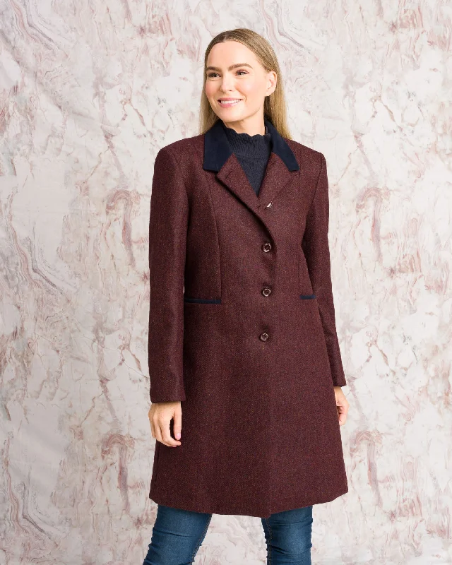 Isabella Tweed Coat - Berry Herringbone Crew Neck V-Neck Boat Neck