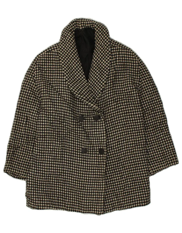 VINTAGE Womens Double Breasted Coat UK 16 Large Black Houndstooth Pleated Ruffled tiered