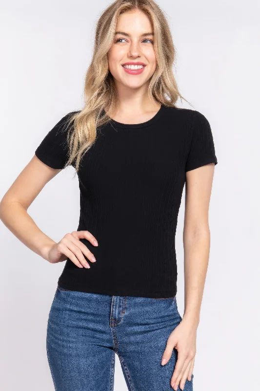 Short Slv Crew Neck Variegated Rib Knit Top Navy Blue Knit Tee
