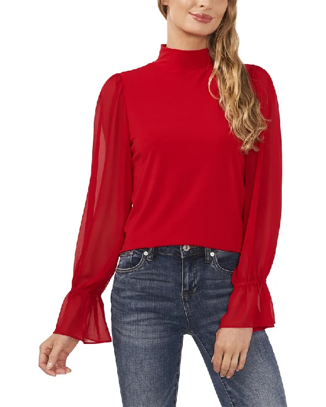 CeCe Mixed Media Mock Neck Knit Top Emerald Green Knit Top