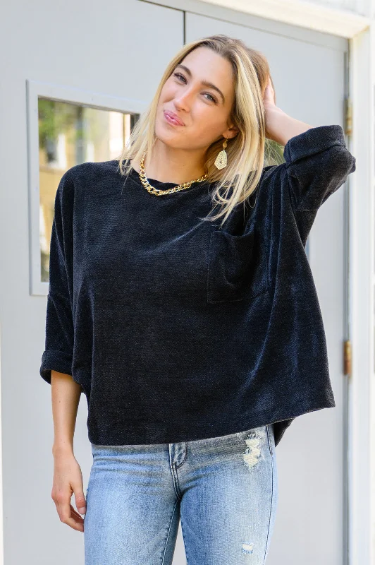 Midnight Hour Solid Chenille Knit Top In Black Cotton Knit Shirt