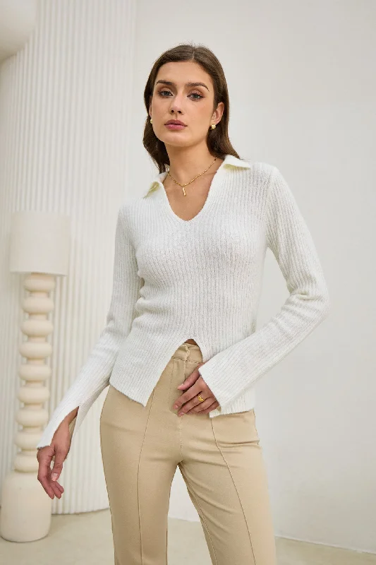 Audrey Off White Split Long Sleeve Knit Top Polka Dot Knit Top