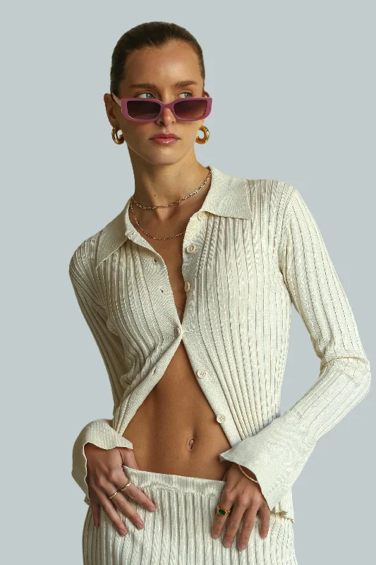 ARAMINTA JAMES Womens Moon Rise Knit Top - Eggnog Ribbed Knit Shirt