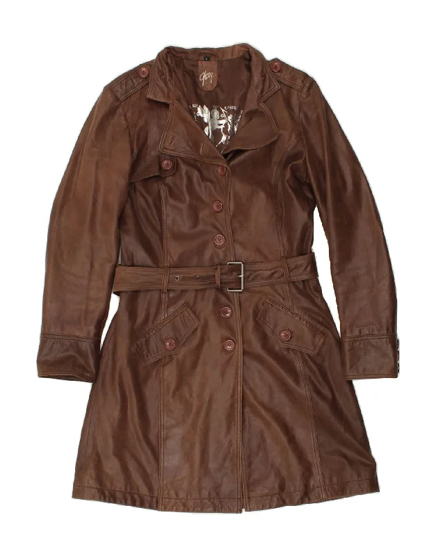 GIPSY Womens Leather Coat UK 14 Large Brown Leather Print Jacquard Embroidered