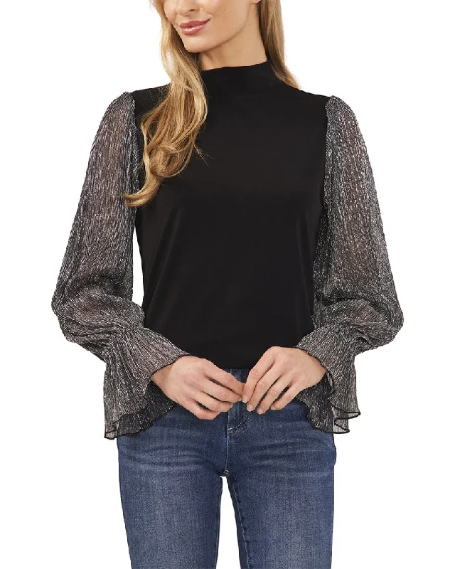 CeCe Mock Neck Mixed Media Knit Top Turquoise Knit Top
