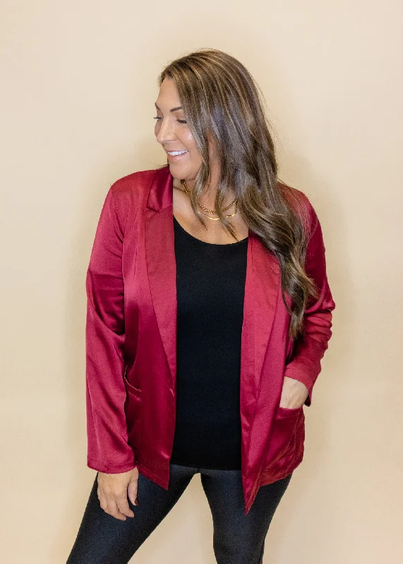 Burgundy Satin Boyfriend Blazer Women's Trendy Suit