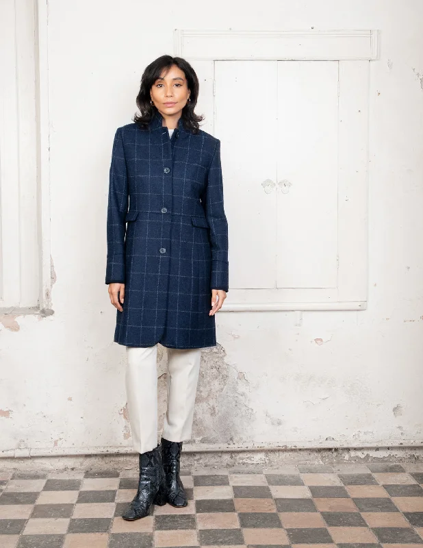 Pamela Tweed Coat - Navy Check Tailored Straight A-Line