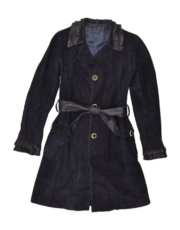 VINTAGE Womens Leather Coat UK 10 Small Navy Blue Leather Crew Neck V-Neck Boat Neck