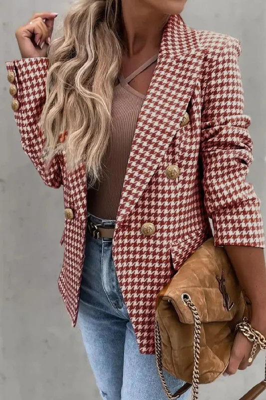 Hazel Blues® |  Houndstooth Collared Neck Double-Breasted Blazer Women's Trench Blazer