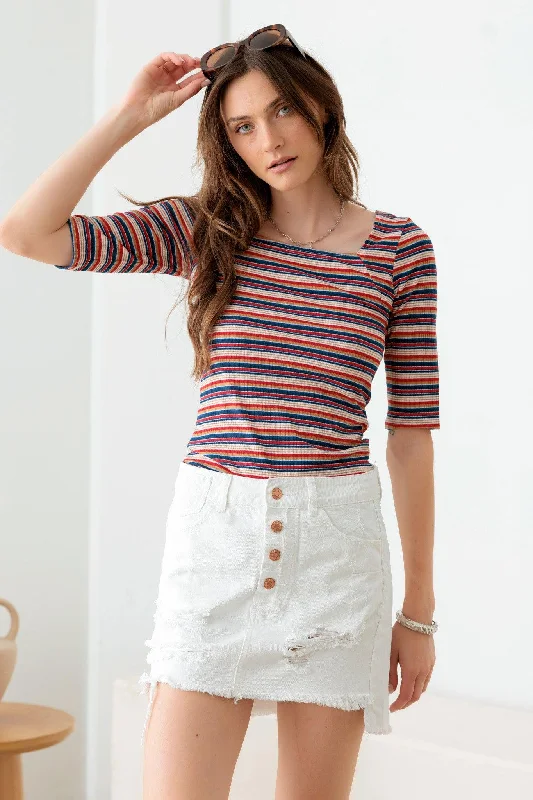 Multi Color Striped Square Neckline Rib Knit Top Boutique Knit Tee